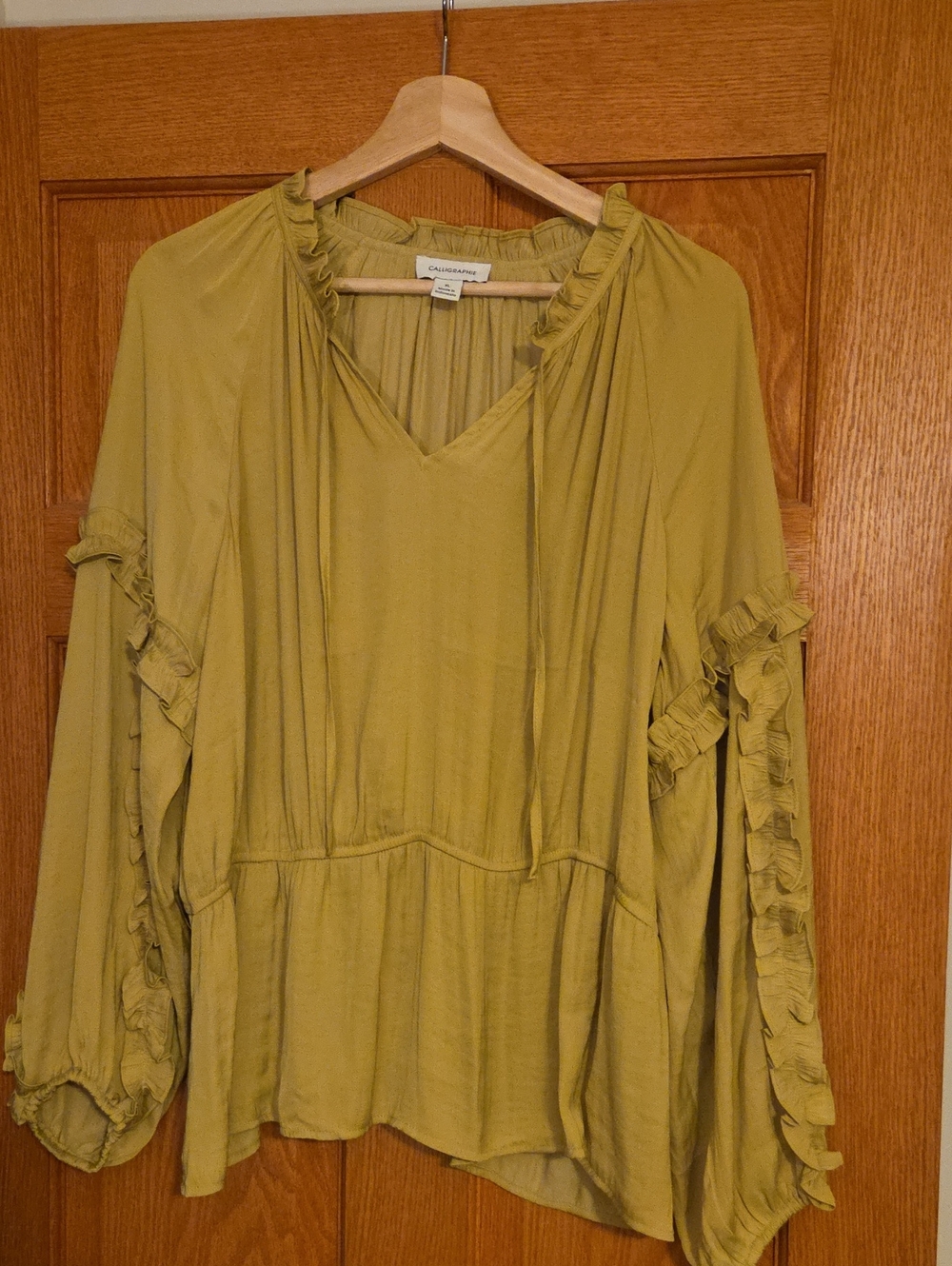 Calypso St. Barth Olive Green Ruffled Peasant Top